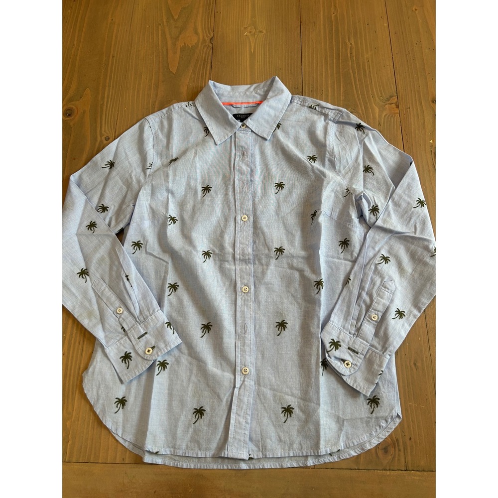 F12 Talbots Petite Light Blue Palm Tree Embroidered Button Down Shirt SP Womens